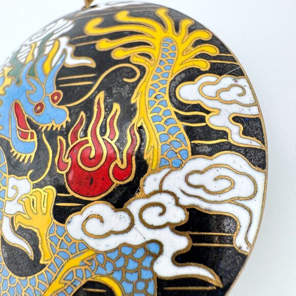 Cloisonne Vtg Enamel Dragon Black Bead Clouds Fire 2" Diameter Gold-Tone Trim - Picture 7 of 7